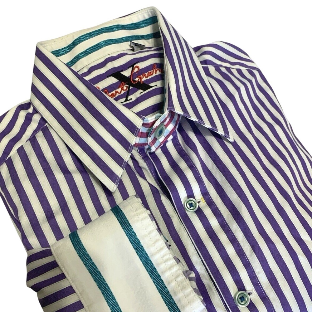 Robert Graham X Men's M Purple & White Striped Long Sleeve Button Up‎ Flip Cuffs